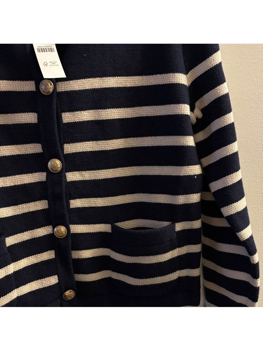 J. Crew Navy and Cream Striped Cardigan with Gold Buttons - Picture 3 of 4